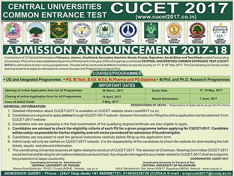 CUCET-2019 test will be conducted on May 25 & 26, and results will be published on June 21