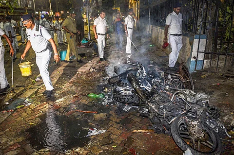 Scene outside the Vidyasagar college campus after the violent clash between BJP and TMC supporters (PTI)