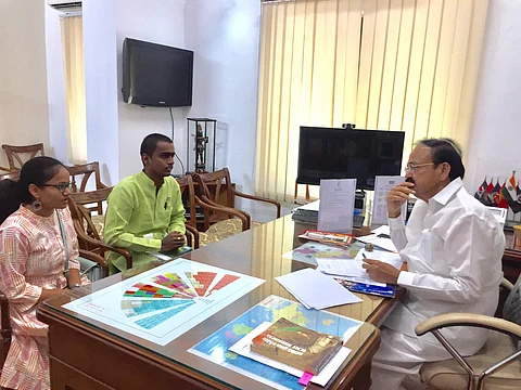 Sriharshitha Chada and Rohith Vakrala with Vice-President of India, Venkaiah Naidu | (Pic: CTI)