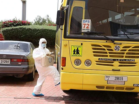 In order to keep contact to a minimum but deliver educational tools such as books to its students, one Dubai school undertook a unique initiative on Sunday (Pic: Gulf News)
