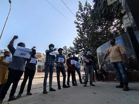 SFI DU Convenor Akhil KM said that the very logic that the move will help Telegu speaking Andhra students in Delhi is flawed (Pic: SFI)