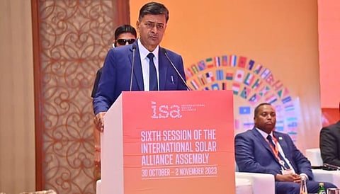 ISA President and Minister for Power and New and Renewable Energy RK Singh while addressing a press conference at Bharat Mandapam, New Delhi, on Tuesday