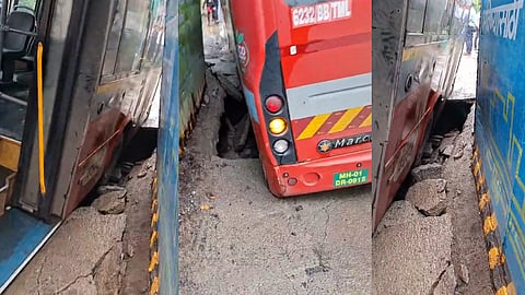 Mumbai Road Cave-In: BEST Bus Stuck in 5-Foot Deep Crater Near Girgaum Metro Station, No Injuries Reported