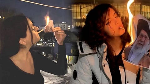 Iranian woman lighting cigarette in protest against ayatollah khamenei opposing islamic law