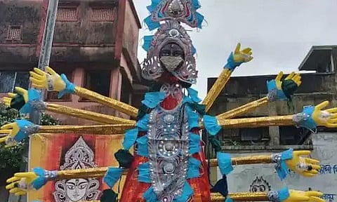 Durga idol in Kolkata sports silver mask, holds sanitisers to spread awareness on COVID-19