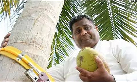 Sri Lanka's Coconut Minister climbs a coconut tree to hold press conference