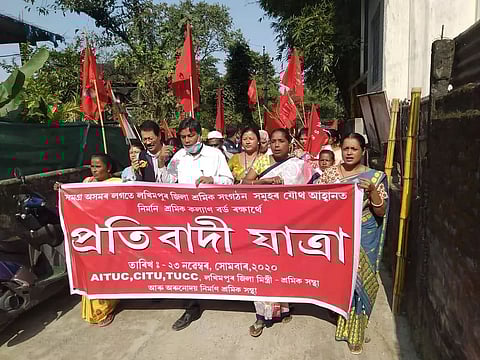 Construction workers stage massive protest in Lakhimpur district