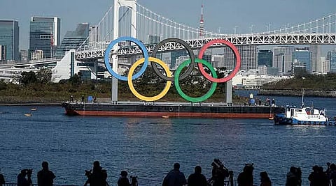 Giant Olympic rings returns to Tokyo Bay