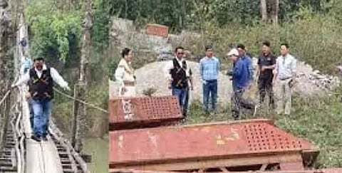 Minister Honchun Ngandam reviews work of steel-arch bridge over Pare River