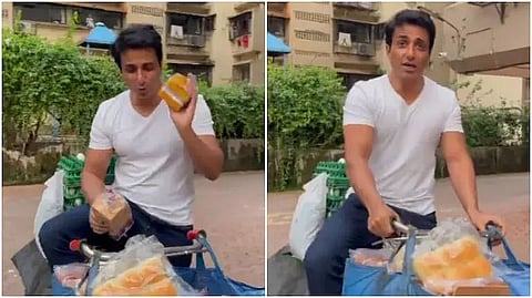 Bollywood Actor Sonu Sood sells eggs, bread on a cycle