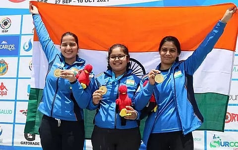 Junior Shooting Worlds: Manu, Naamya, Rhythm win team Gold
