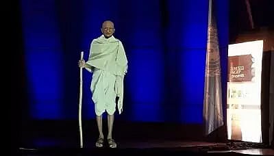 Mahatma Gandhi comes to UN, an avatar provoking, prodding, inspiring ideas of true education