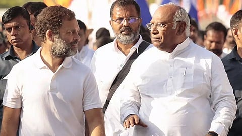 Indian National Congress president Mallikarjun Kharge interacts with Bharat Yatris