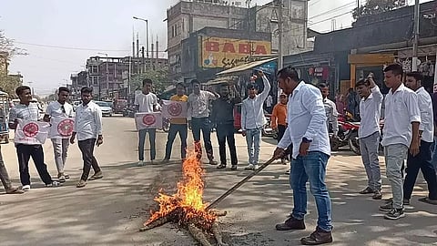 Protest against HSLC exam paper leak in Naharkatia