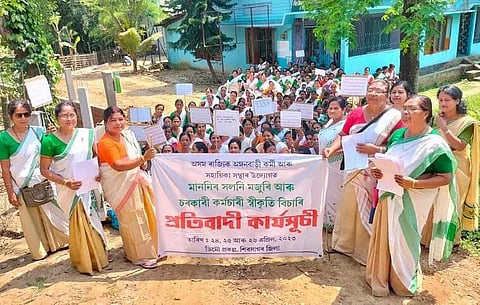 Anganwadi workers and helpers stage protest in Demow