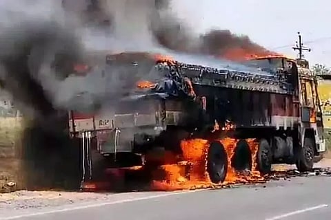 A goods-carrying Truck catches fire in Bamunbari near Demow