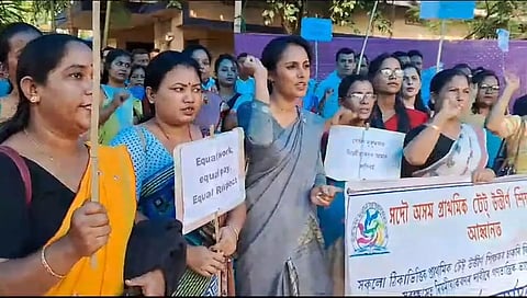 TET teachers stage protest in front of Block Elementary Education Office, Jamugurihat