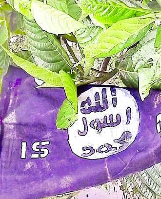 Flags inscribed with 'IS NE' spark tension in Goalpara