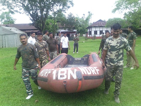 A Team of Qualified Instructors of National Disaster Response Force Drills 30 Personnels of Central Reserve Police Force (CRPF) in Mirza, Assam