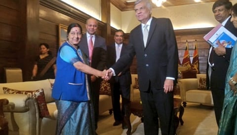 Sushma Swaraj calls on Sri Lankan PM