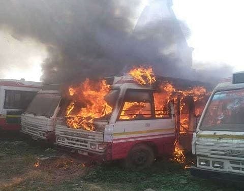 Buses parked in depot catch fire