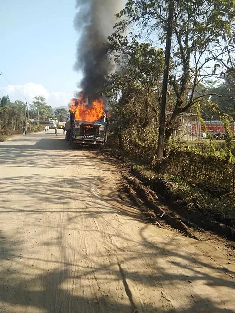 Coal-laden truck catches fire in Tinsukia