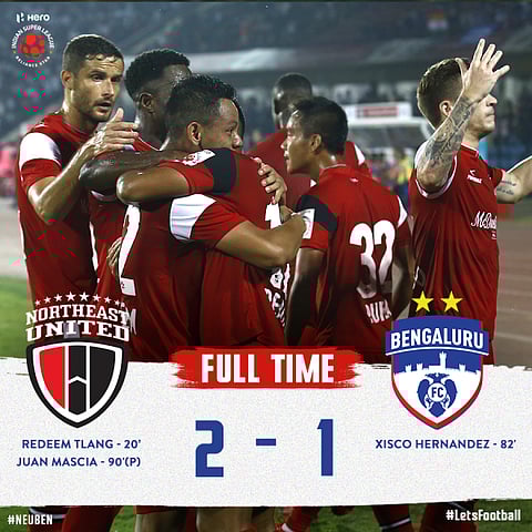 Historic win for NEUFC, Highlanders beat Bengaluru FC by 2-1 in first leg of semi-finals at Indira Gandhi Athletic Stadium in Guwahati