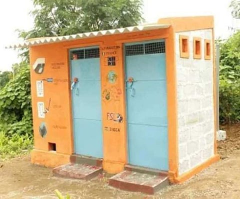 Toilets under Swachh Bharat Mission in Bulandshahr bears tile with Mahatma Gandhi and the national emblem printed on it