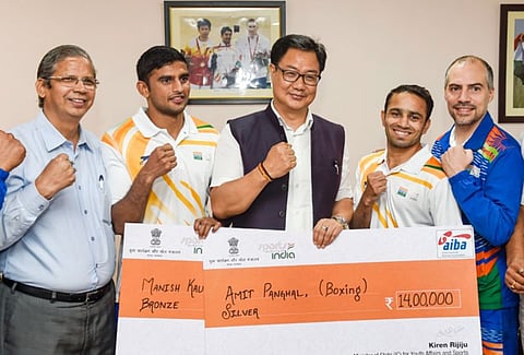Sports Minister Kiren Rijiju felicitates boxing medal winners