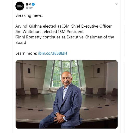 IITian Arvind Krishna elected as IBM Chief Executive Officer; he joined IBM in 1990