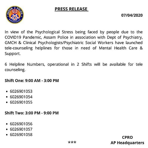 Assam police launches tele-counseling helplines to deal with mental stress amid lockdown