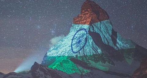 Matterhorn Mountain, Zermatt, Switzerland lights up with Indian tricolor