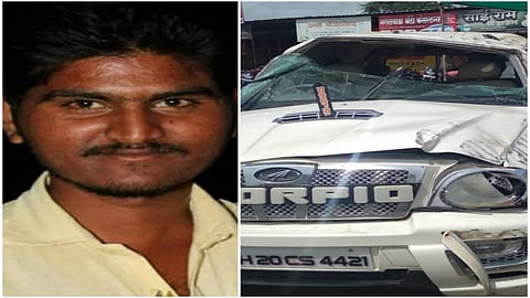 सिल्लोड (जि.औरंगाबाद) : अपघातामुळे स्कॉर्पिओची झालेली दुरवस्था. मृत विशाल महाकाळ