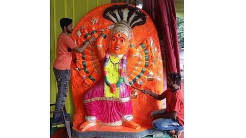 market is adorned with idols of the goddess for the navratri festival