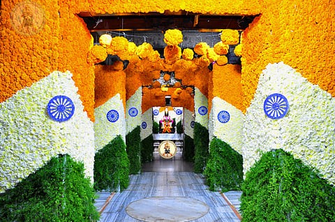 shri vitthal rukmini temple in pandharpur is decorated with threecolor flowers