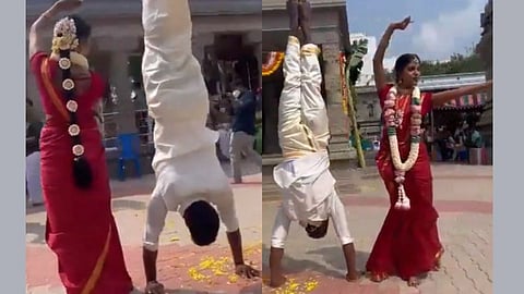 viral video of pre wedding photoshoot groom stood upside down and dancing bride