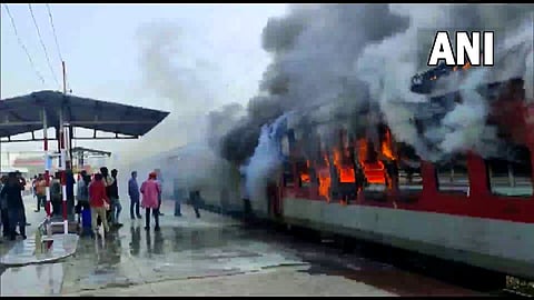 Fire breaks out in an empty train at Madhubani railway station in Bihar