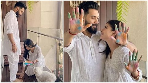 Suraj Nambiar and Mouni Roy celebrate Holi at home.