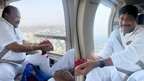 हॅलीकॉप्टर मधून पुष्पवृष्टी करताना माजी नगरसेवक रवींद्र धंगेकर, मिलिंद आहिरे