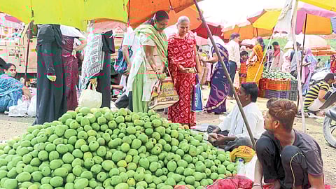 Ladies shopping in market for raw mangoes for pickle