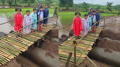 Vikramgad Villagers built a bamboo bridge for students to go to school