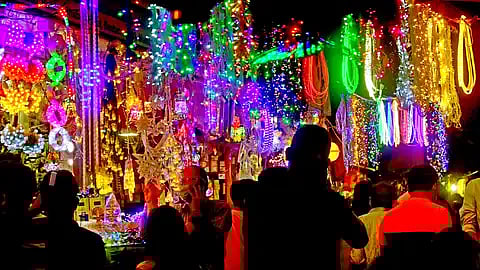 Various lighting items sold in the market for Bappa's arrival
