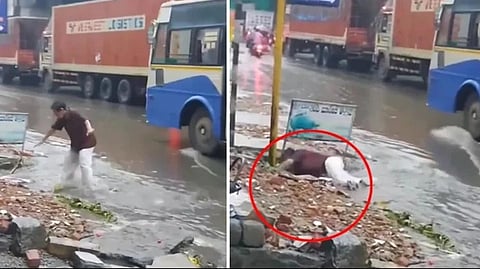 Video Viral : वृद्ध व्यक्तीचा पाय घसरला अन् डोळ्यादेखत तो नाल्यातून वाहून गेला