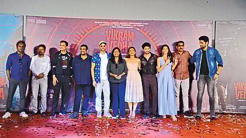 Actor Hrithik Roshan and his co-stars during the screening of the song of the upcoming film Vikram Vedha at mumbai