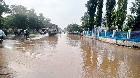 Water accumulated on the road near Ektamata Chowk due to heavy rain.