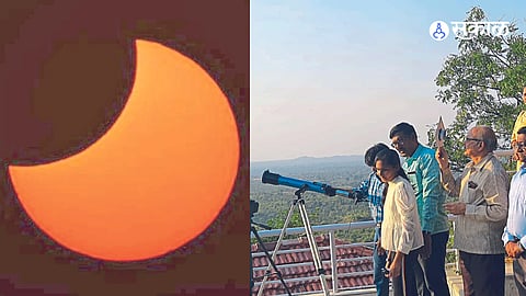 A photograph of the solar eclipse from Mahaveer Point on the Jain Hills, close to the city.