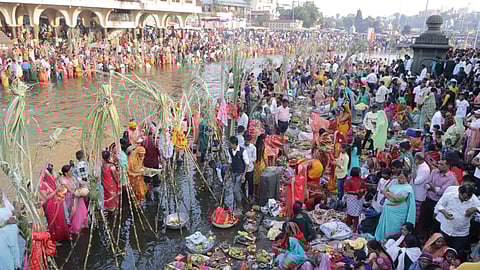 Chhat Puja North Indian gathered at Ganga Ghat for Chhath Puja