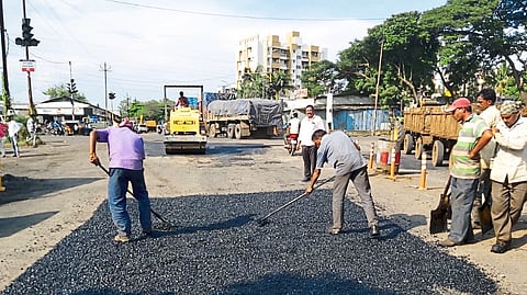 Road widening and repair work in progress near Hotel Mirchi.