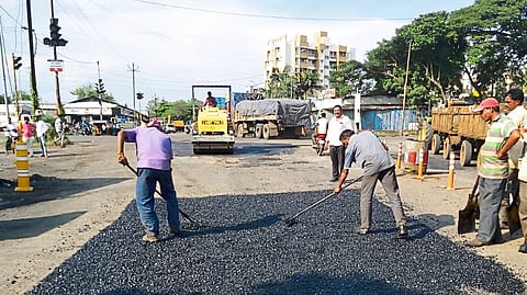 Road widening and repair work in progress near Hotel Mirchi.