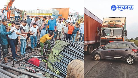पाइपाच्या ट्रालामधून चालकाला काढताना नागरिक, दुसऱ्या छायाचित्रात महामार्गावर रायंगण गावाजवळ झालेला अपघात पाहण्याच्या नादात ट्रकने
फरफटत नेलेली कार.